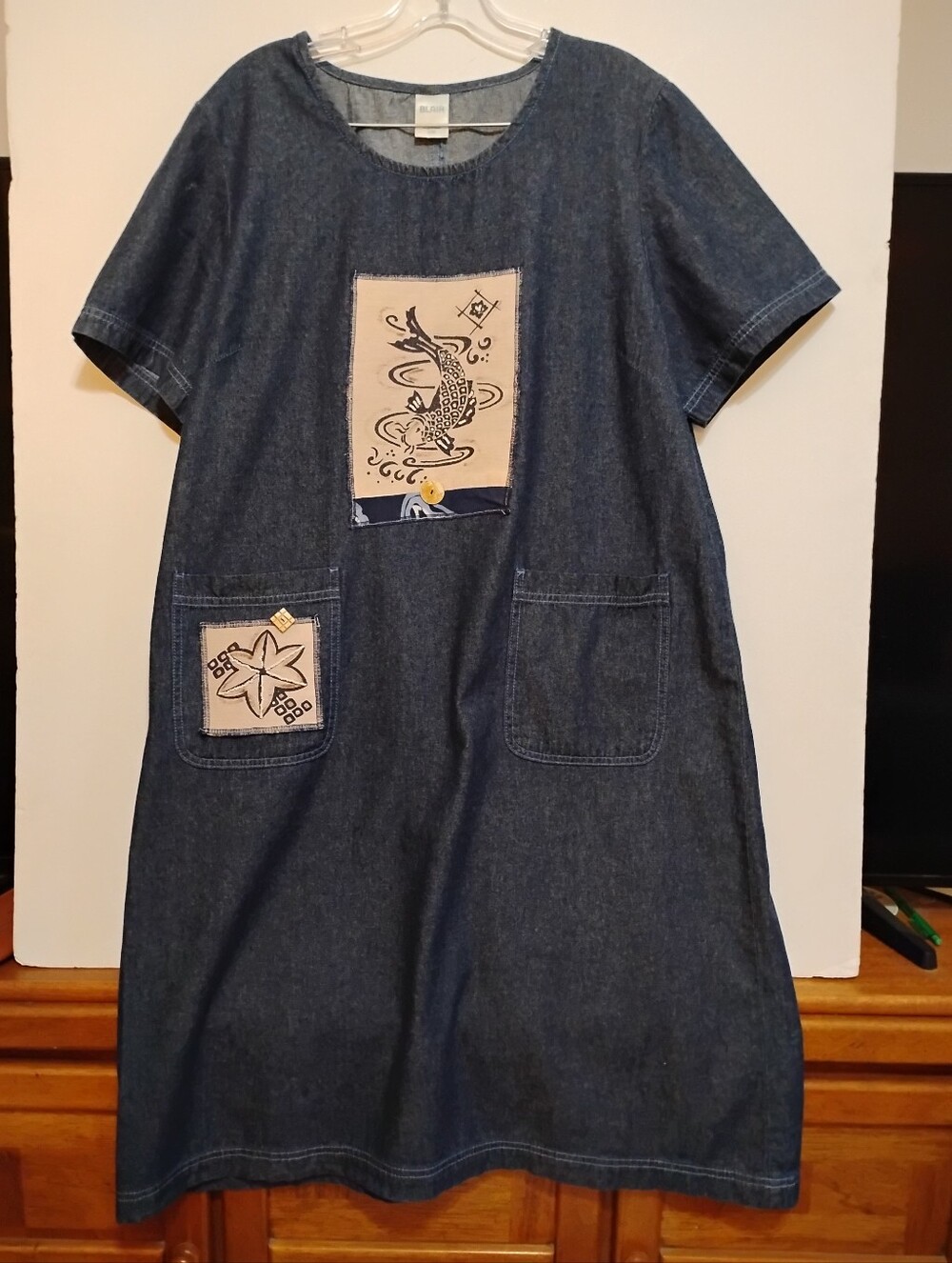 BLAIR Ladies' Dark Blue Denim Patch Pocket Midi Short Sleeves Pull-on Dress L